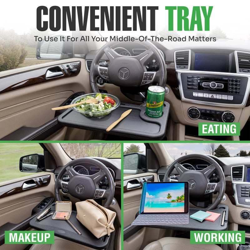 lebogner Steering Wheel Desk Tray for Eating, Laptops - Hooks Onto Most Vehicle Steering Wheels, Road Trip Accessory, Car Table - Image 2